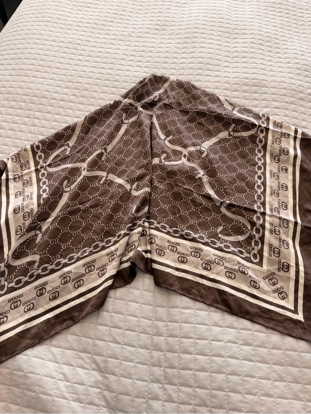 Gucci Brown & Cream Signature Chain-Print Silk Scarf